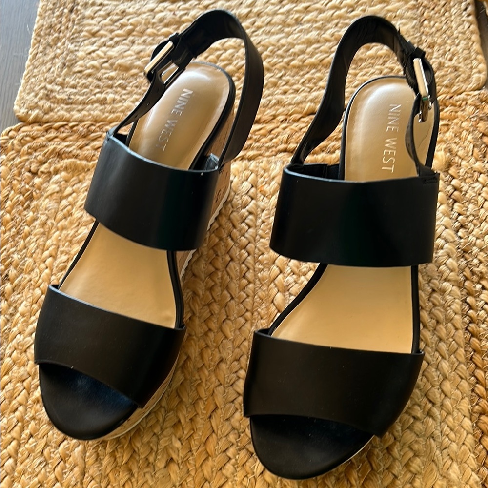 Nine West Black Sandals with Suede Straps and Wedge Heel